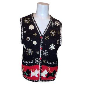 Studio Joy Beaded Scottie Dog Sweater Vest Size M Petite Vtg Snowflake Winter